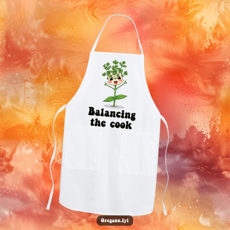 Funny apron with an oregano sprig character comically trying to balance on a single leaf, making it a humorous and practical kitchen accessory.