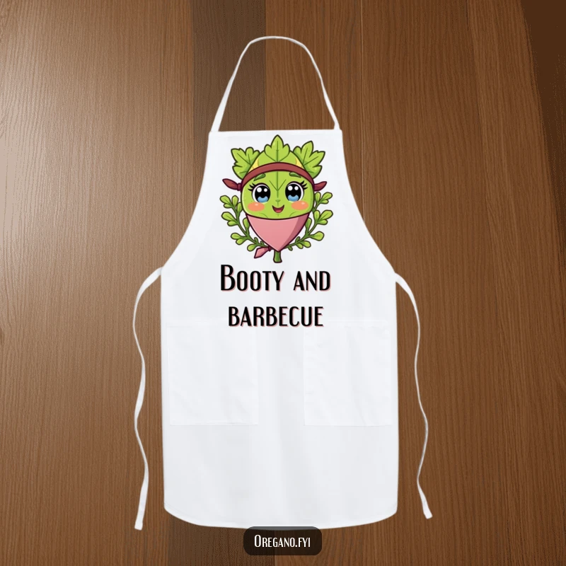 Funny apron featuring a happy oregano leaf character wearing a pirate bandana, for culinary treasure hunts.
