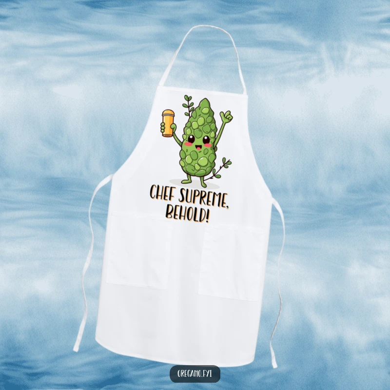 Funny apron showing a triumphant oregano leaf character holding a golden spice shaker aloft, ideal for culinary victory.