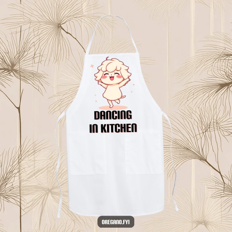 Funny apron showcasing a Kawaii oregano character performing a funny, delicate dance, perfect for adding charm to cooking.