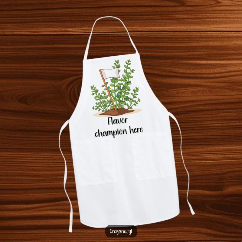 Funny Oregano Victory Flag Apron: A triumphant oregano sprig planting its flag, ready for kitchen victory.
