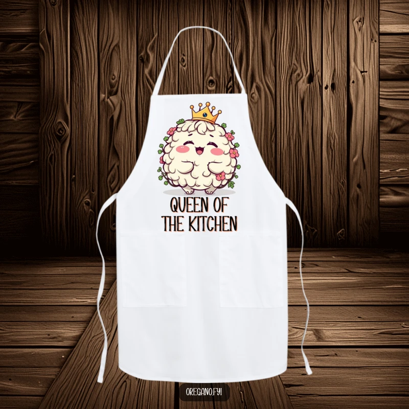 Funny plump oregano character apron giggling while wearing a tiny crown, humorous kitchen apparel for culinary royalty.