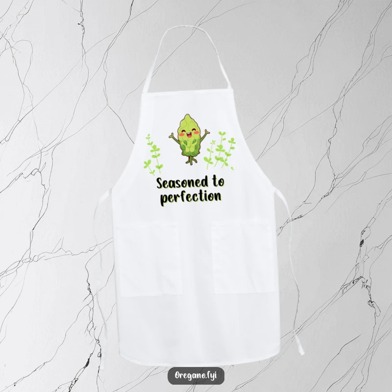 Funny kawaii oregano leaf apron, joyfully dancing with tiny arms, humorous kitchen apparel for culinary enthusiasts.