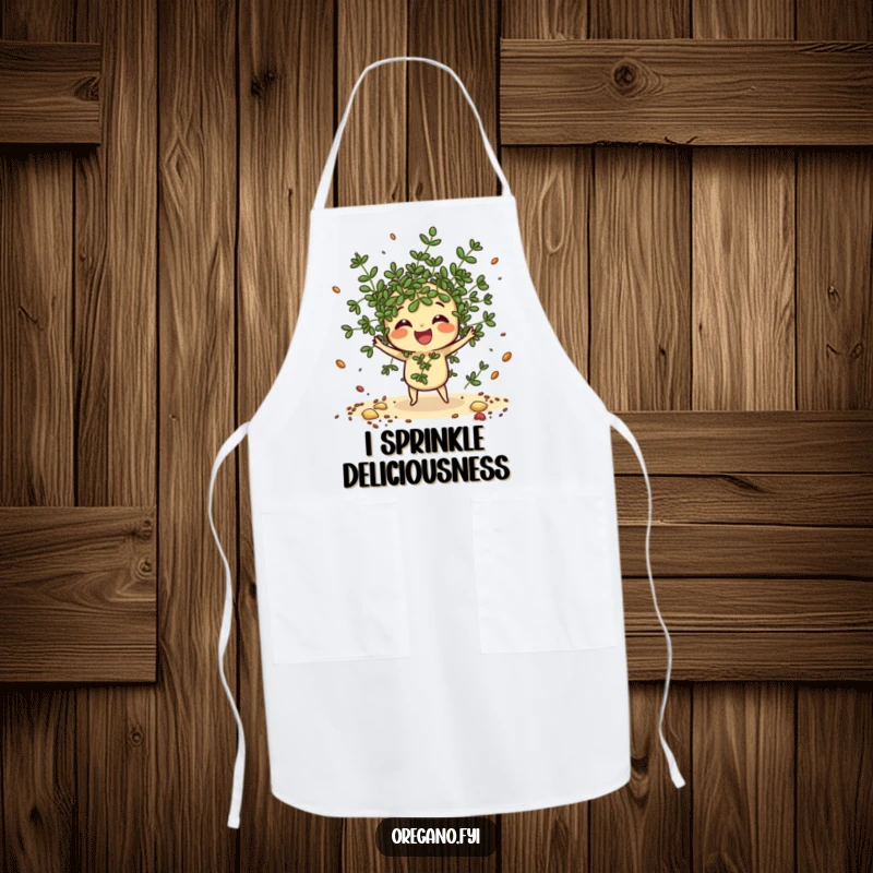 Funny Oregano Apron: A kawaii oregano sprig gleefully scatters imaginary spices, ready for kitchen artistry.