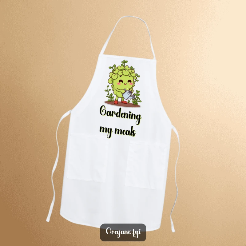 Funny apron showing an oregano leaf character watering a tiny herb garden, perfect for gardening tasks.