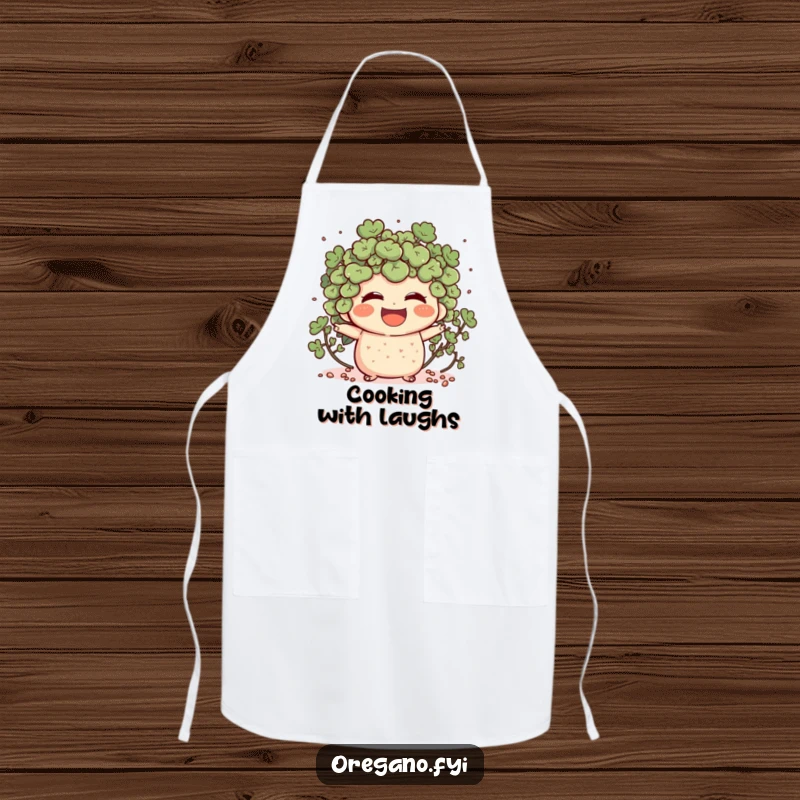 Funny apron showcasing an oregano character laughing heartily, with tiny specks scattering to add a playful, joyful touch.