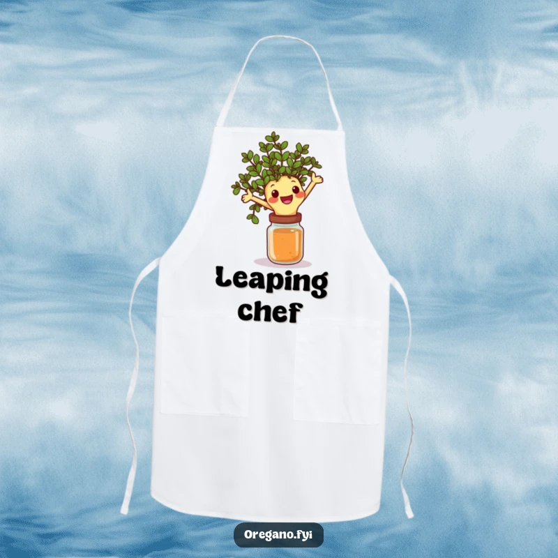 Funny apron with a happy oregano sprig character joyfully leaping over a spice jar, making it a humorous and practical kitchen accessory.