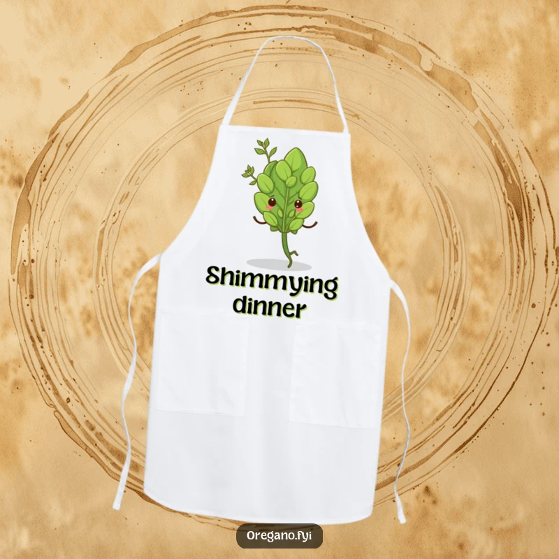 Funny apron with a single oregano leaf doing a happy shimmy, bringing cheerful energy to cooking. Kitchen essential.
