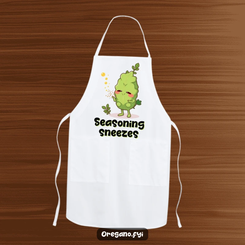 Funny apron with a sneezing oregano leaf character spreading aromatic herb dust, a whimsical kitchen accessory for spice lovers.