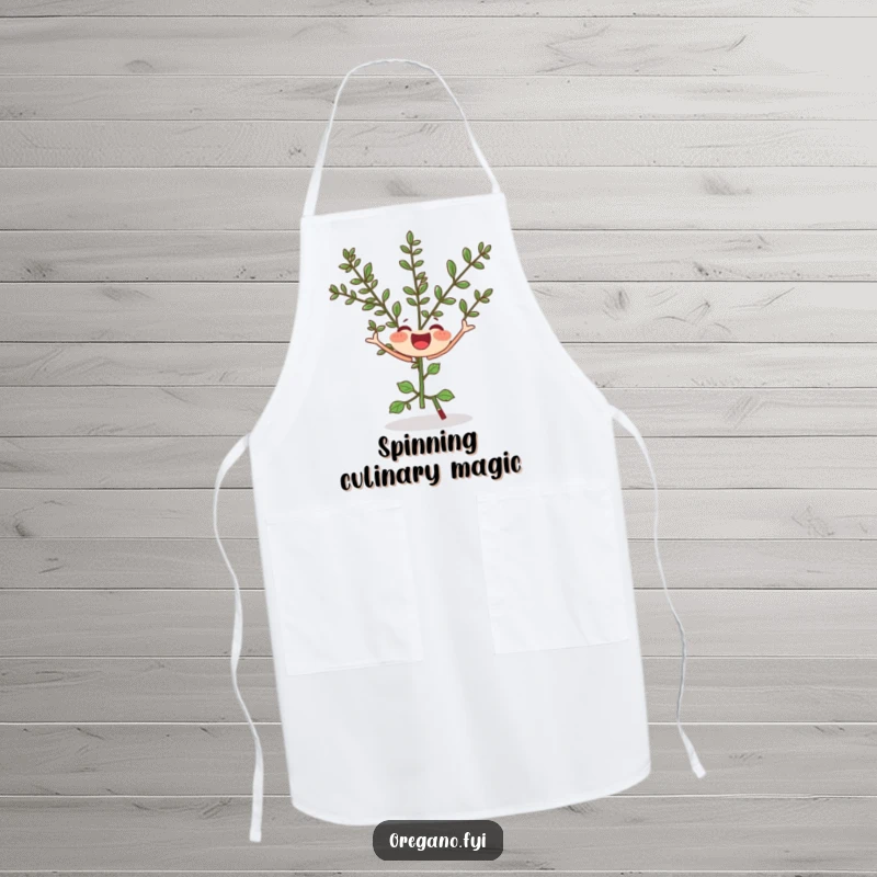Funny apron with a joyful oregano sprig doing a silly twirl, ideal for a humorous and practical kitchen accessory.
