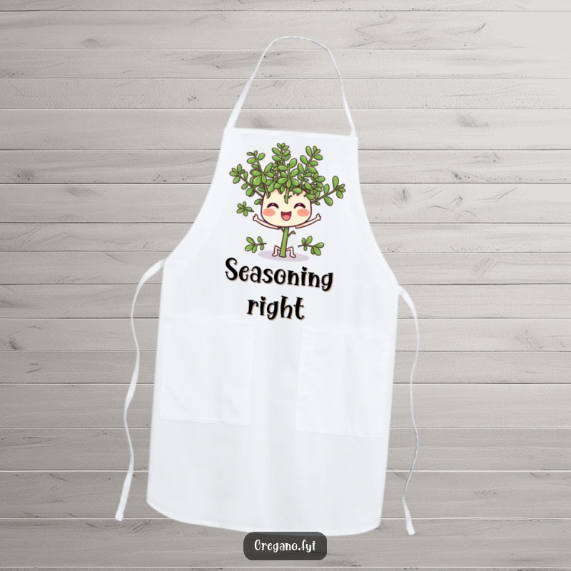 Funny apron featuring a cheerful oregano character wiggling its leaves, perfect for adding a humorous herb touch.