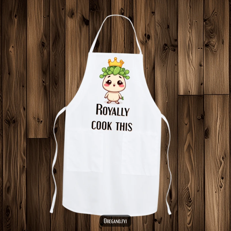 Funny apron with a regal oregano sprig character wearing a tiny crown, combining culinary practicality with humorous royal flair.
