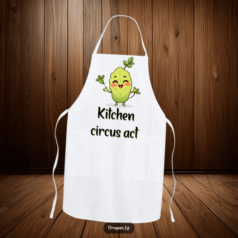 Funny apron with a winking oregano leaf character juggling three basil leaves, ready for kitchen tasks.