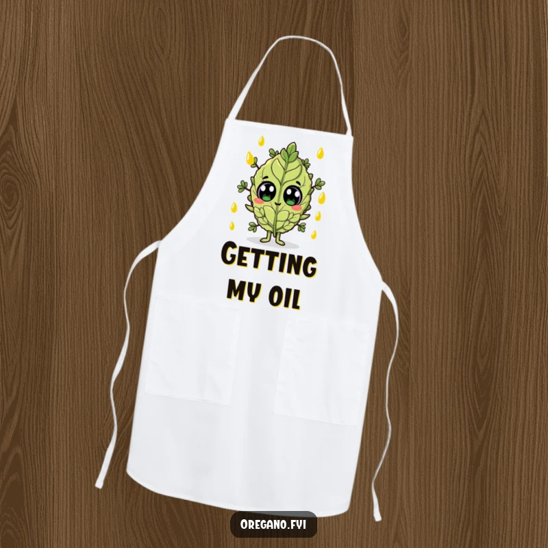 Funny apron with a wide-eyed oregano leaf character being showered by olive oil, ready for cooking.