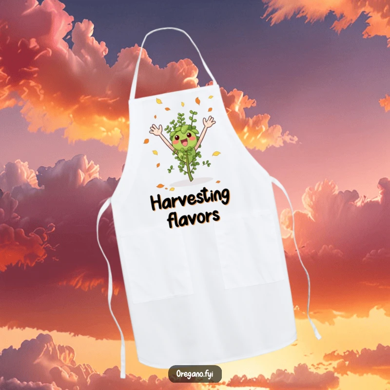 Funny apron showing an excited oregano sprig joyfully catching falling autumn leaves while cooking in the kitchen.