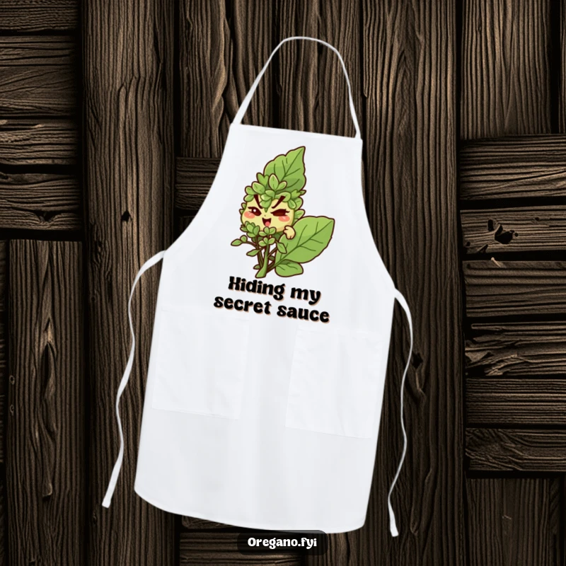 Funny apron: A mischievous oregano character winks while hiding behind a basil leaf, ideal for kitchen secrets.