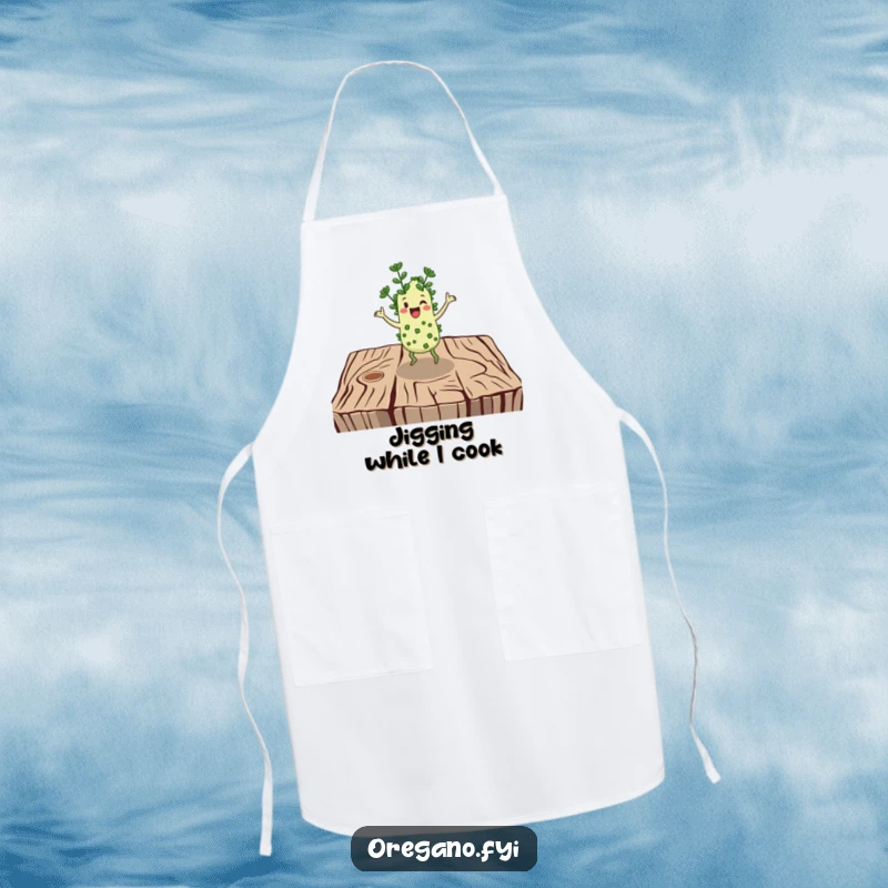 Funny apron: A cheerful oregano character jigs energetically on a rustic wooden surface, ideal for kitchen fun.