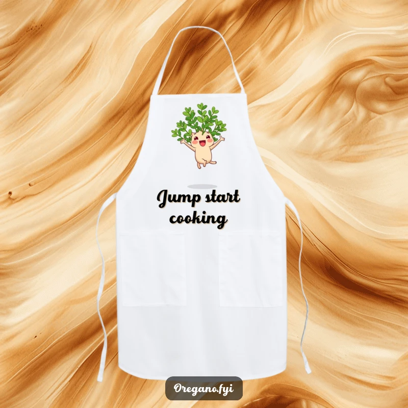 Funny apron showing a cheerful oregano sprig joyfully jumping on a bouncy leaf, adding energy to the kitchen.