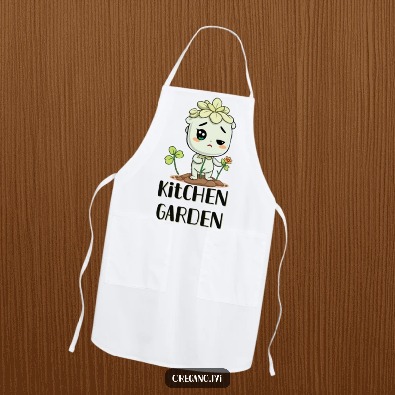Funny apron with a determined oregano character trying to sprout a flower, perfect for motivated cooks.
