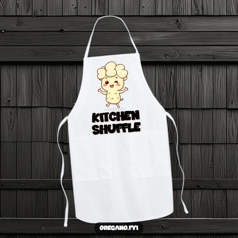 Funny apron featuring a smiling oregano character dancing joyfully, perfect for adding a humorous herb touch.