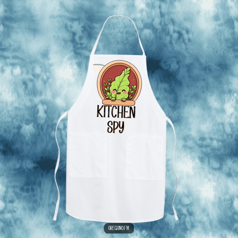 Funny apron with an oregano leaf character peeking with a grin from a spice rack, a humorous and practical kitchen accessory.