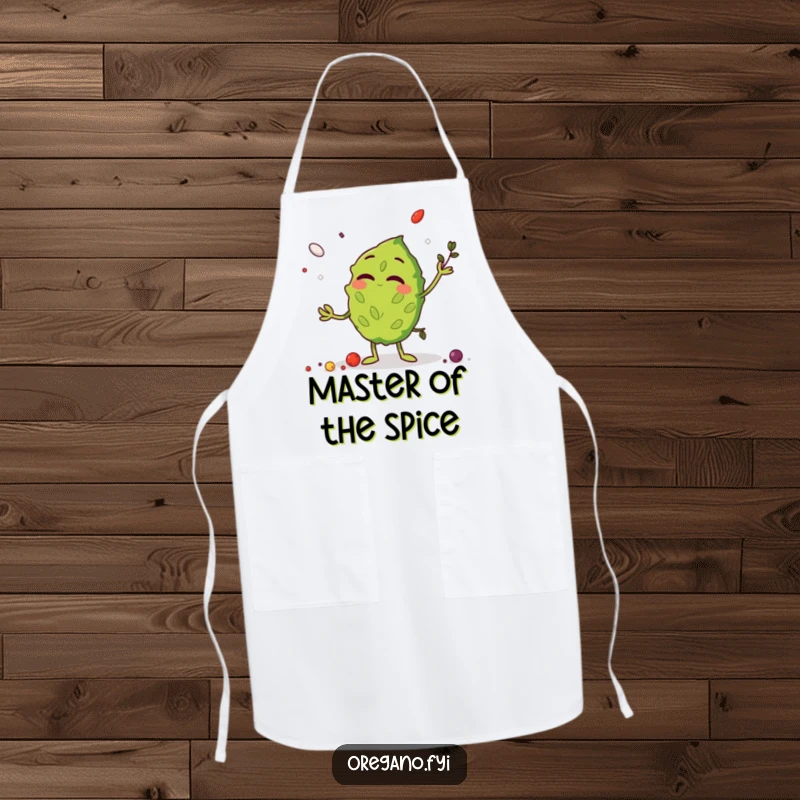 Funny Apron featuring a giggling oregano leaf character enthusiastically juggling spices, ideal for kitchen comedy.