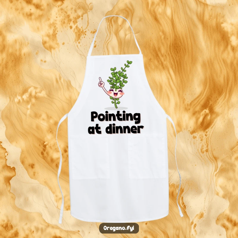Funny smiling oregano sprig apron pointing upwards with a tiny leaf, humorous kitchen apparel for culinary adventurers.