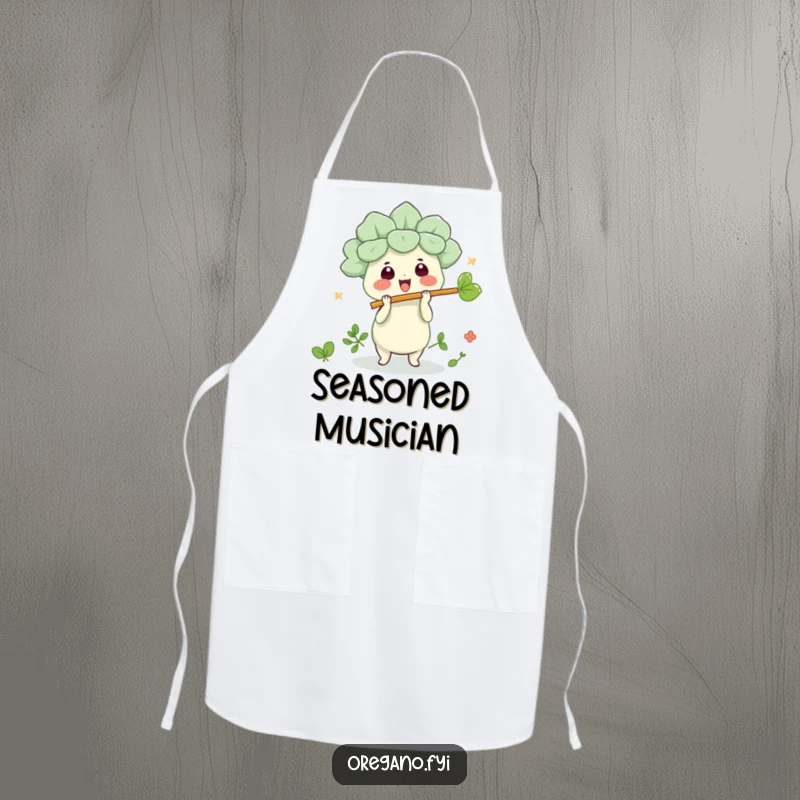 Funny kawaii oregano character playing a leaf flute on an apron, making kitchen duties hilariously enjoyable.