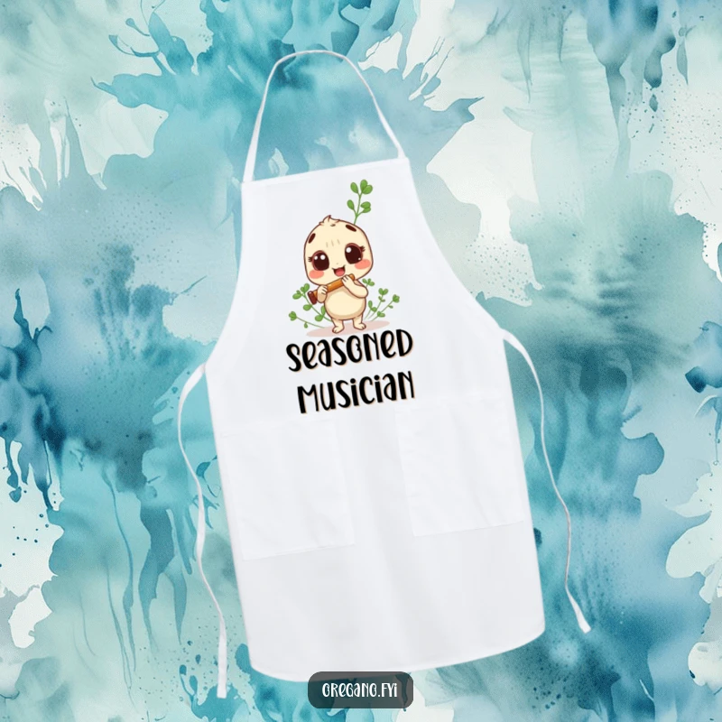 Funny oregano sprig apron, happily playing a tiny panpipe while cooking, a musical herb chef.