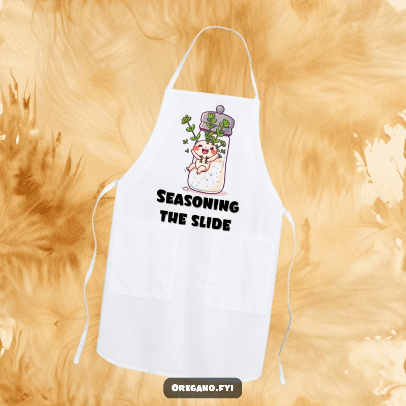 Funny oregano sprig sliding down a salt shaker on a kitchen apron, ideal for cooking and baking with a playful spirit.