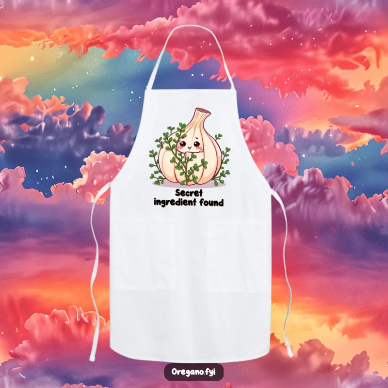 Funny kawaii oregano sprig character playing peek-a-boo from behind a giant garlic clove on a durable kitchen apron, making cooking fun.