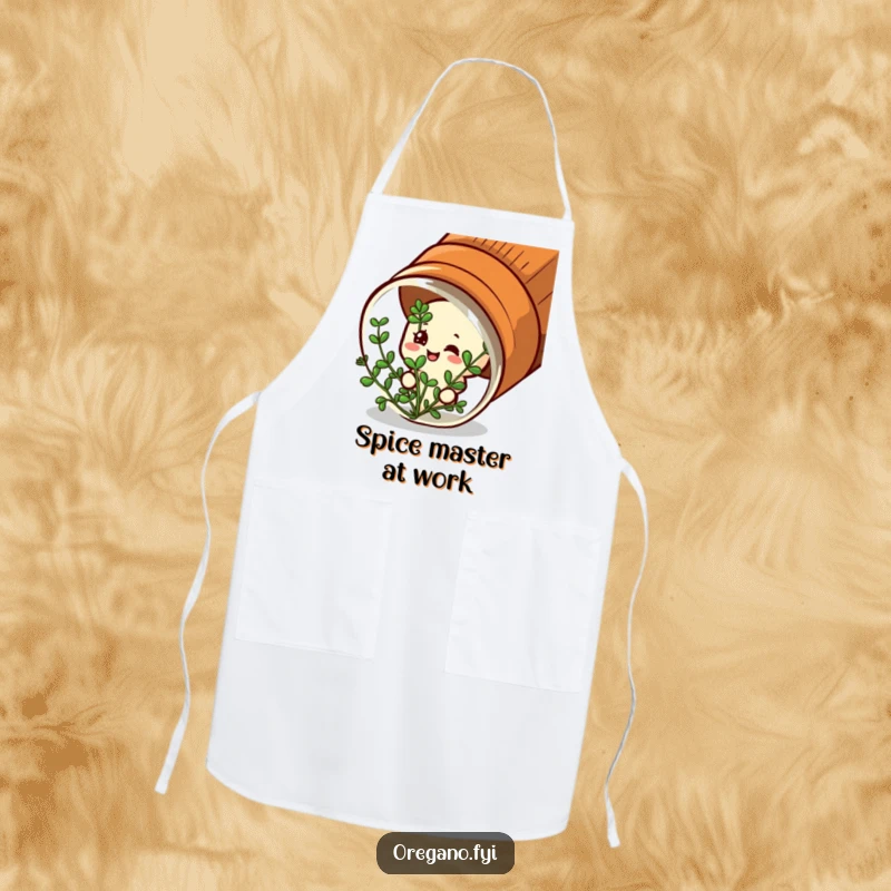 Funny apron: A satisfied oregano character peeks from a spice jar, ideal for a content cooking experience.