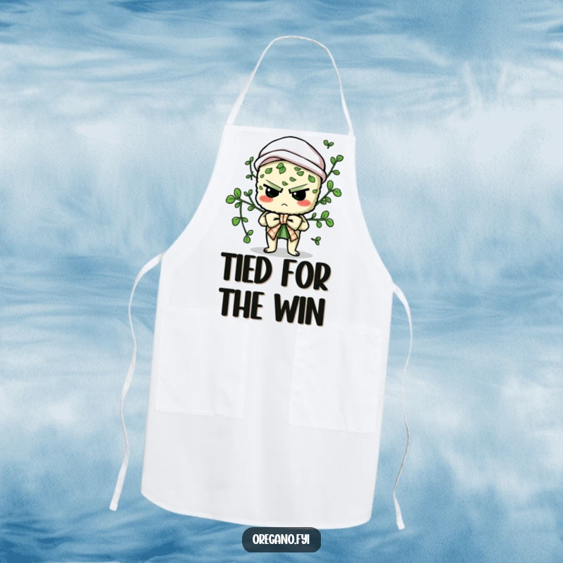 Funny apron with a determined oregano character comically attempting to tie a culinary bow, a humorous and practical kitchen accessory.