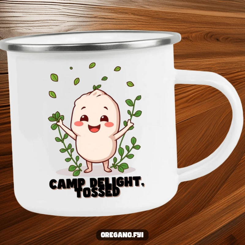 Funny oregano character smiling and tossing leaves on a durable camping mug for happy adventures.