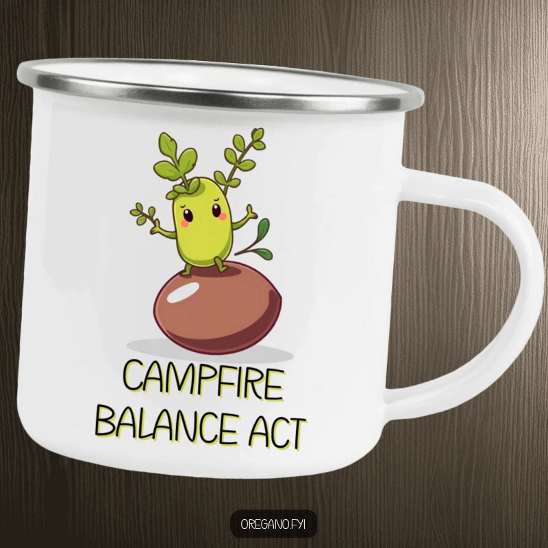 Funny camping mug with an oregano leaf character attempting to balance on a wobbly olive pit, ready for outdoor amusement.