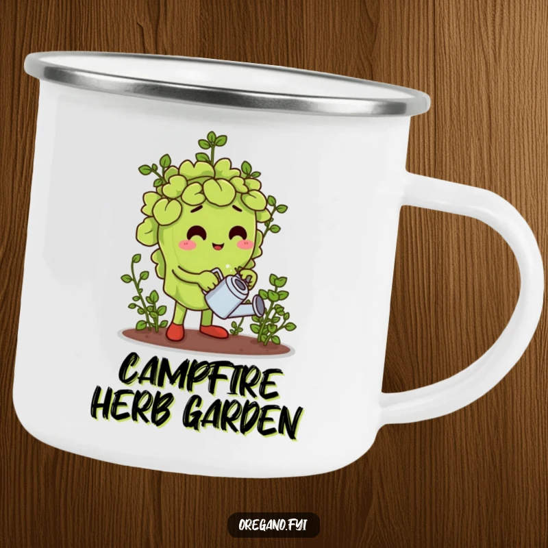 Funny camping mug showing an oregano leaf character watering a tiny herb garden, perfect for outdoor beverages.