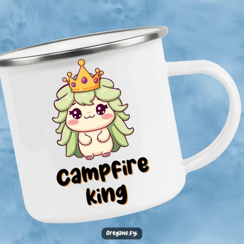 Funny camping mug depicting a regal oregano character wearing a tiny crown, ready for outdoor royal excursions.