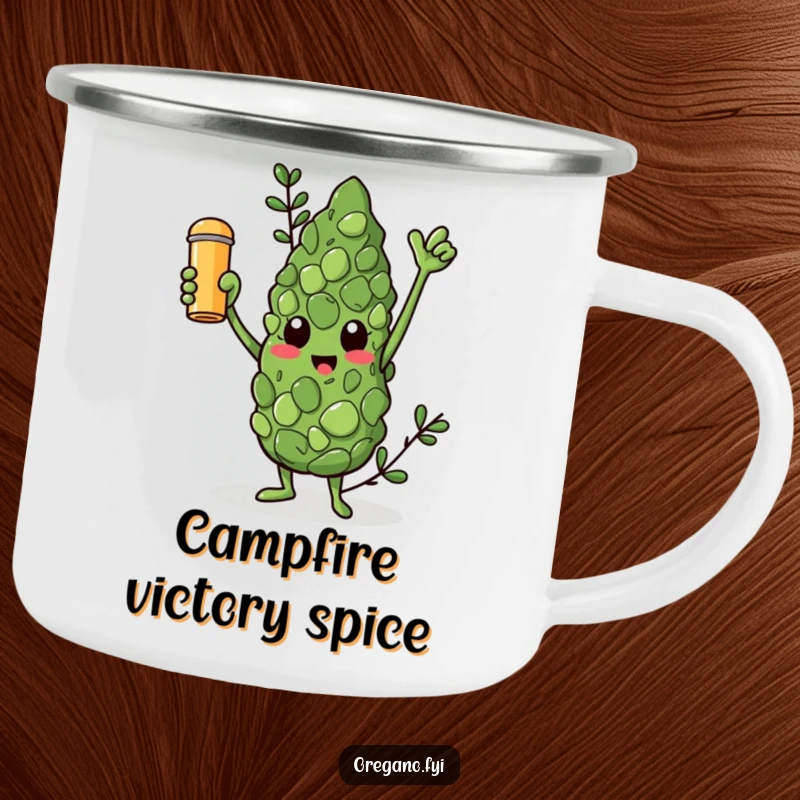 Funny camping mug with a triumphant oregano leaf character holding a golden spice shaker, ready for outdoor celebration.