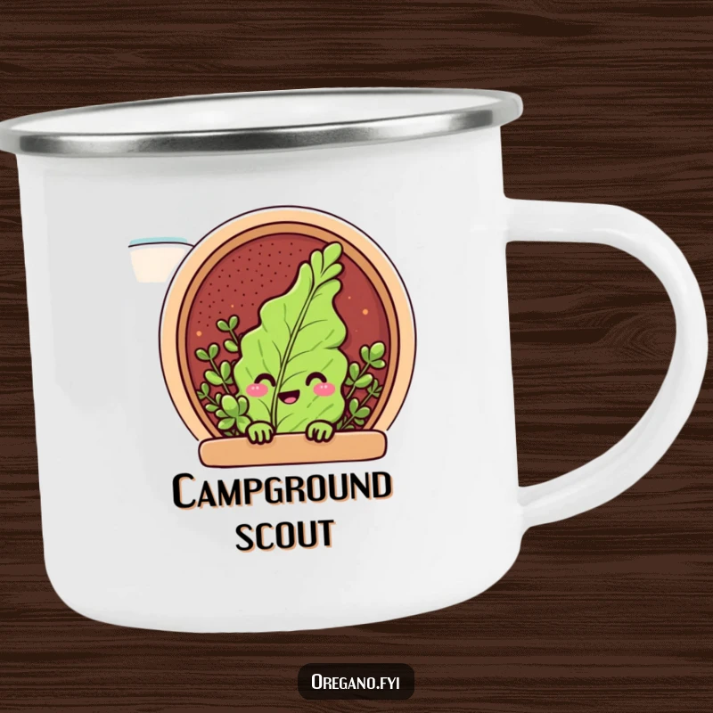 Funny camping mug with a peeking oregano leaf character from a spice rack, a durable and humorous outdoor accessory.