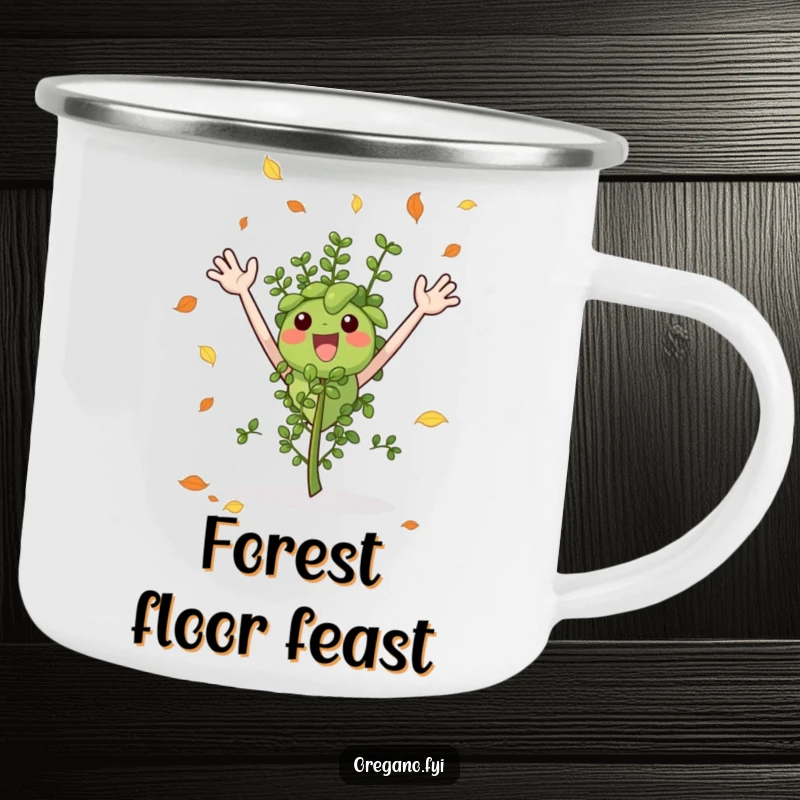 Funny camping mug with an excited oregano sprig catching leaves, celebrating the beauty of autumn outdoors.
