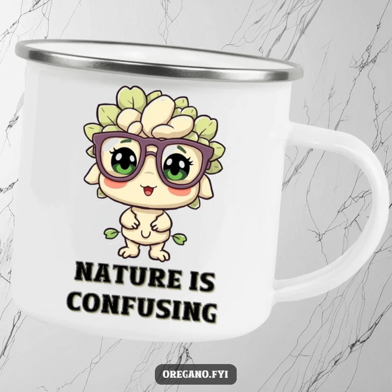 Funny oregano sprig wearing oversized glasses on a camping mug, looking bewildered but pleased, blending outdoor fun with humor.
