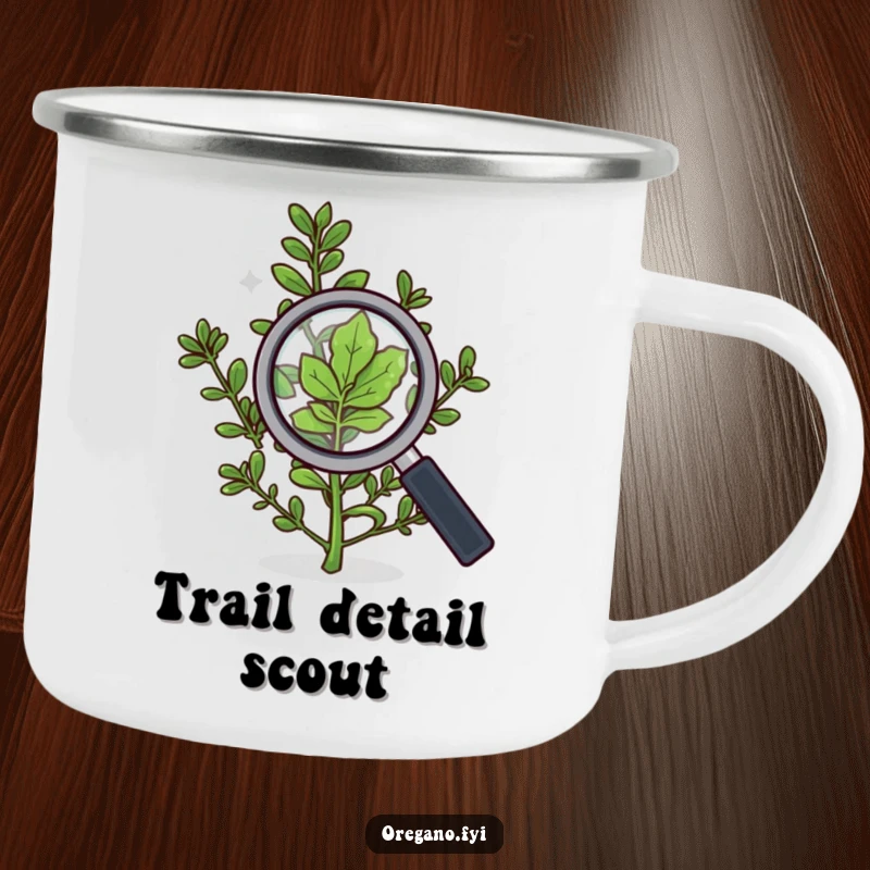 Funny camping mug with an oregano sprig using a magnifying glass to inspect a leaf during an outdoor exploration.