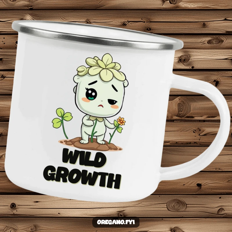 Funny camping mug with a determined oregano character trying to sprout a flower, symbolizing perseverance outdoors.