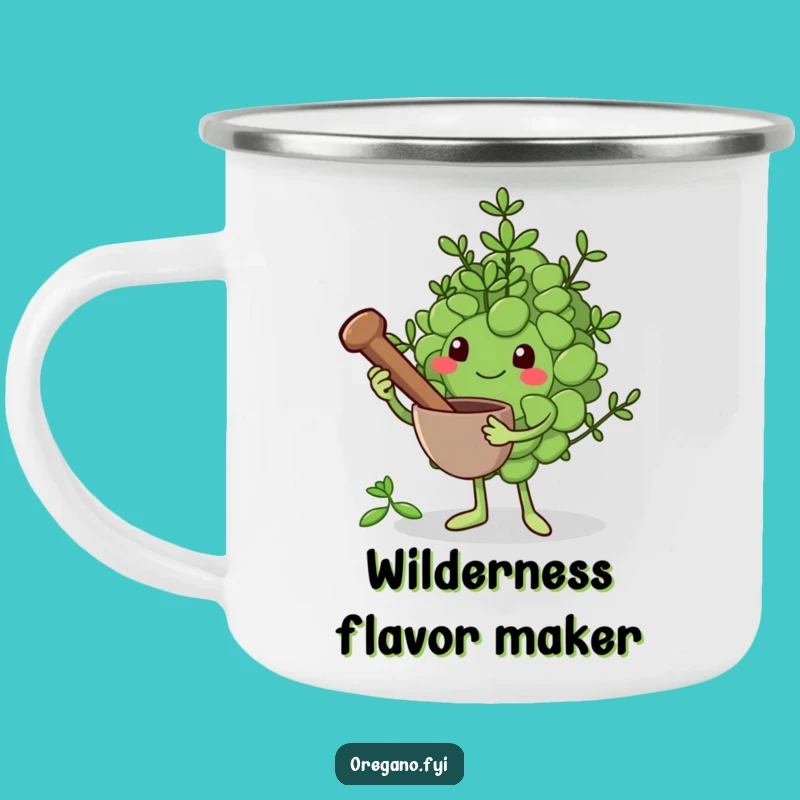 Funny Grinding Oregano Leaf Camping Mug: Fresh Flavor Humor Outdoors!