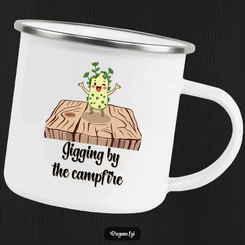 Funny camping mug: A cheerful oregano character jigs happily on a rustic wooden surface, ready for adventure.