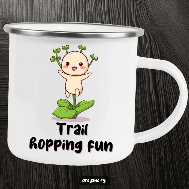 Funny camping mug with a cute kawaii oregano character hopping on a leaf, perfect for enjoying drinks outdoors.