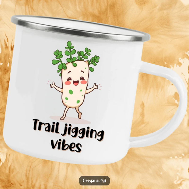 Funny Kawaii oregano sprig character doing a silly dance with leaves, enamel camping mug with lively and humorous theme, great for outdoors.
