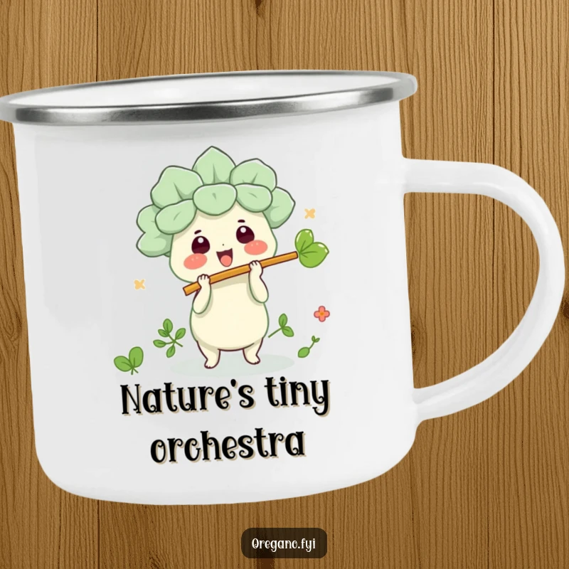 Funny kawaii oregano character playing a leaf flute on a durable camping mug, perfect for outdoor laughs.