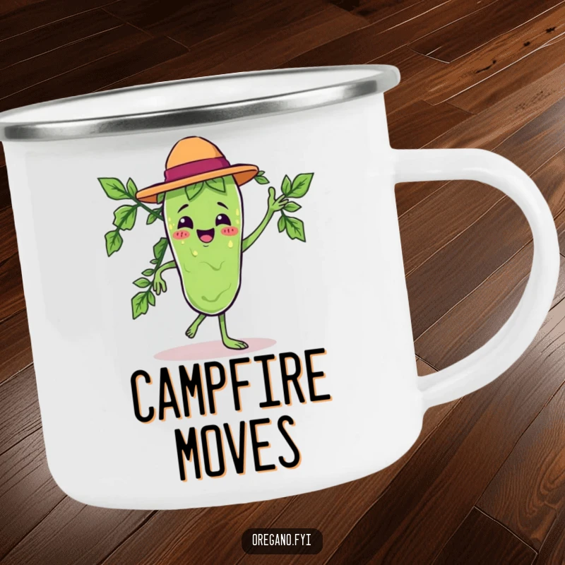 Funny camping mug featuring a Kawaii oregano leaf character dancing salsa, perfect for outdoor fun and humor.