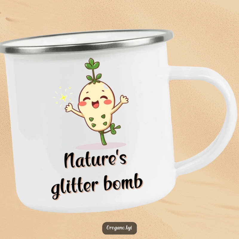 Funny kawaii oregano sprig character joyfully sprinkling magical sparkles from its leaves while on a durable camping mug, perfect for outdoors.